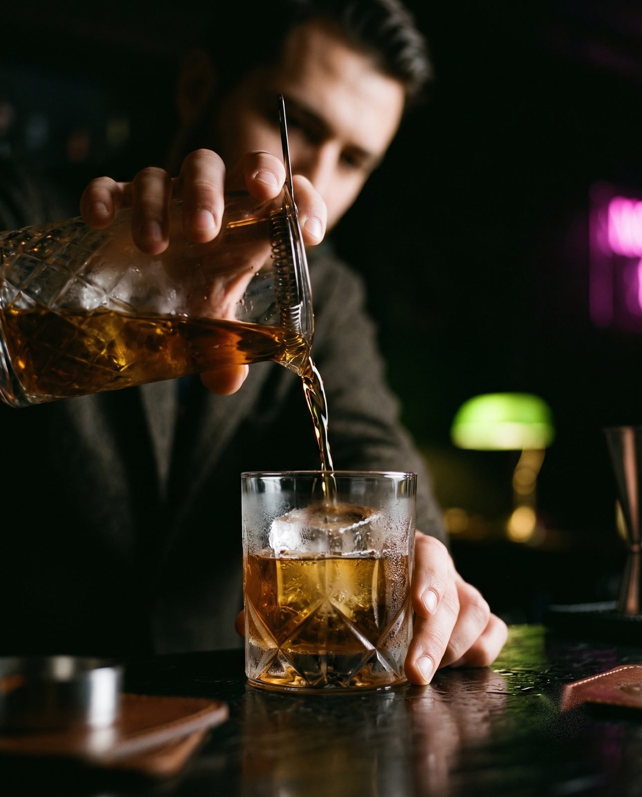 Drinks — a cocktail poured in a dark bar